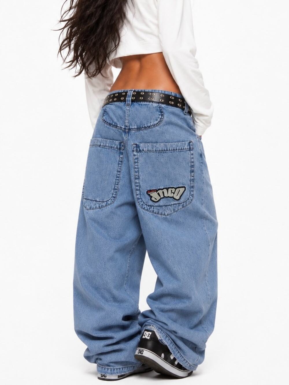 90s JNCO Low Down Wide Leg Denim Baggy Patch Pocket Jeans Size 32x30